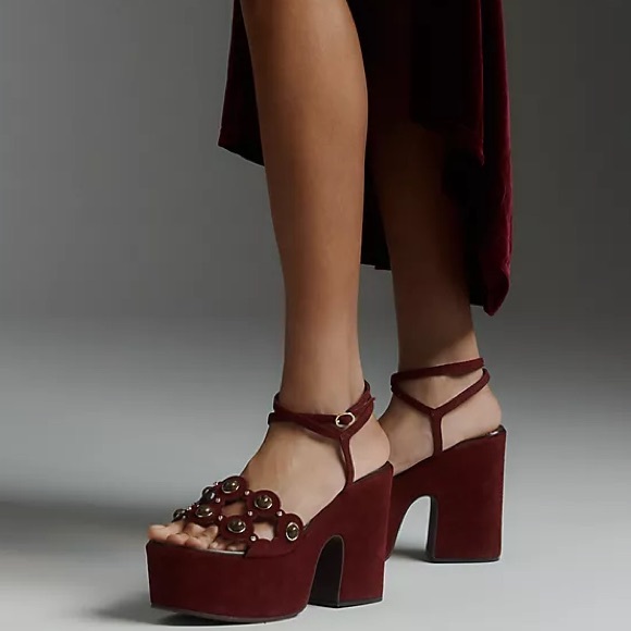 Anthropologie Stone-Detail Ankle-Strap Platform Heels Maroon W/ Olive Stones 10 - Picture 3 of 3